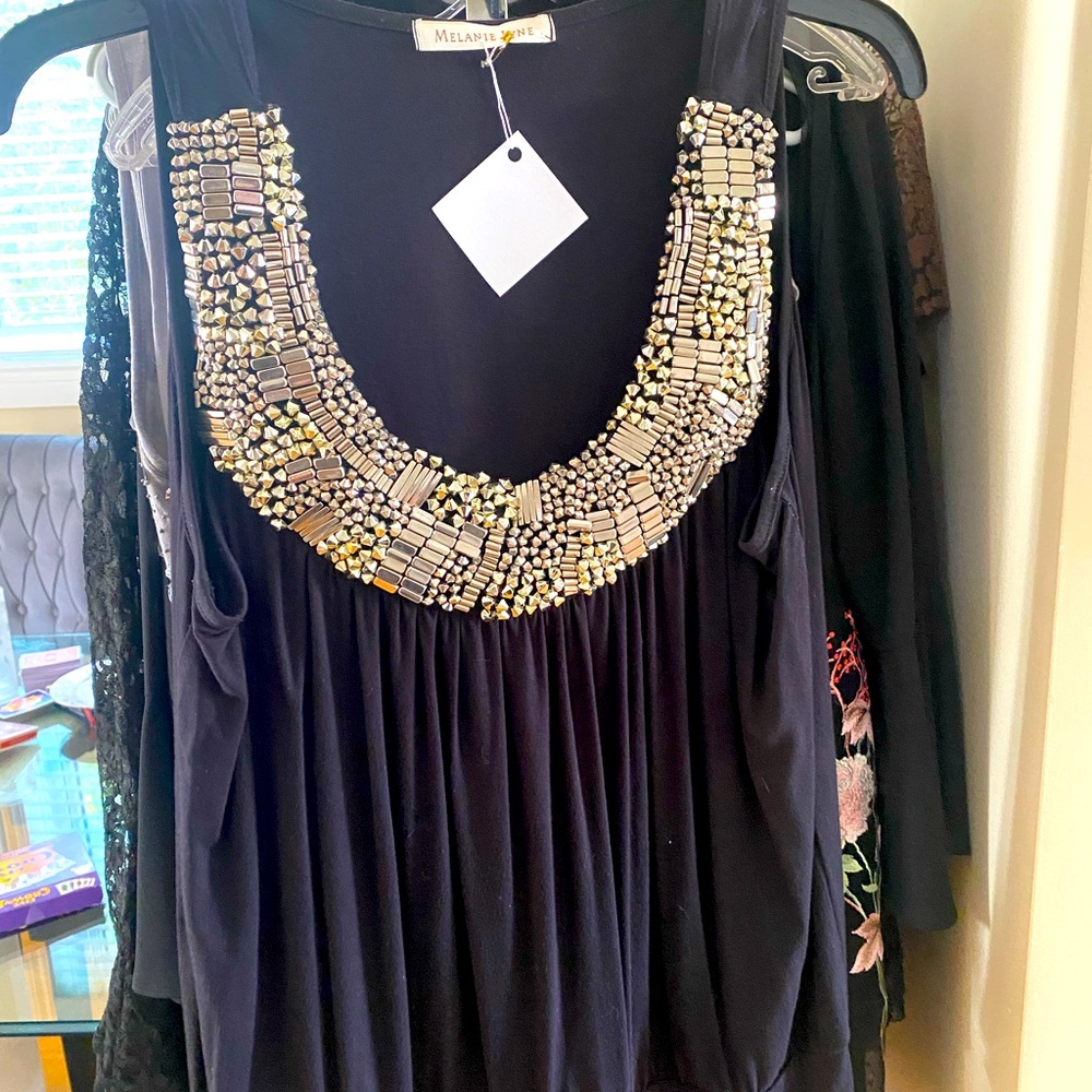 Black cotton top with gold beads embellishment